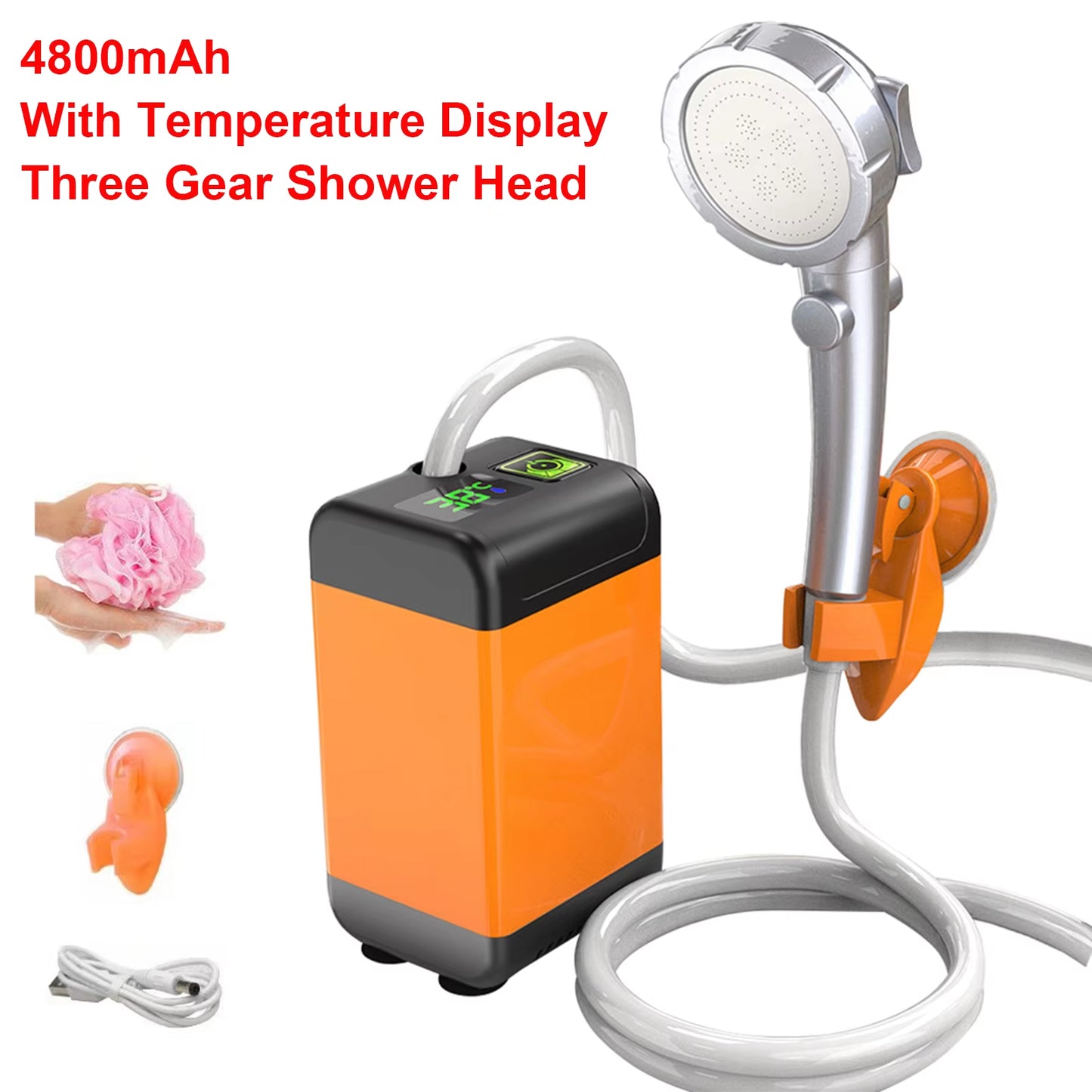 Portable Camping Shower Rechargeable Shower Head Bathing 3.7V Pump 4.9Ft for Outdoor Travel Hiking Beach Pet Cleaning Equipment